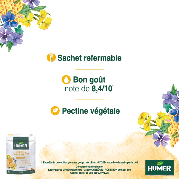 Humer Gommes gorge irritée Miel Citron pectine végétale sachet refermable