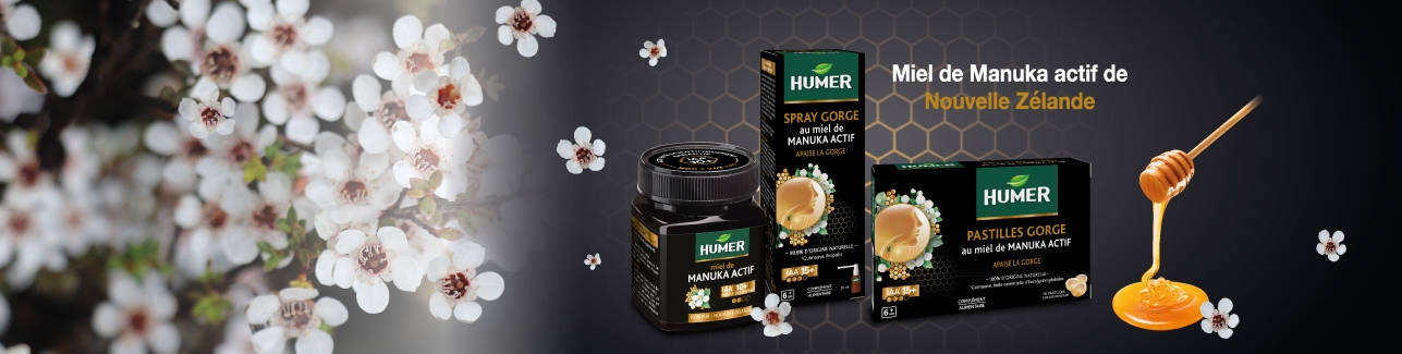 Humer gamme produit pot-pastilles et spray au miel de Manuka actif