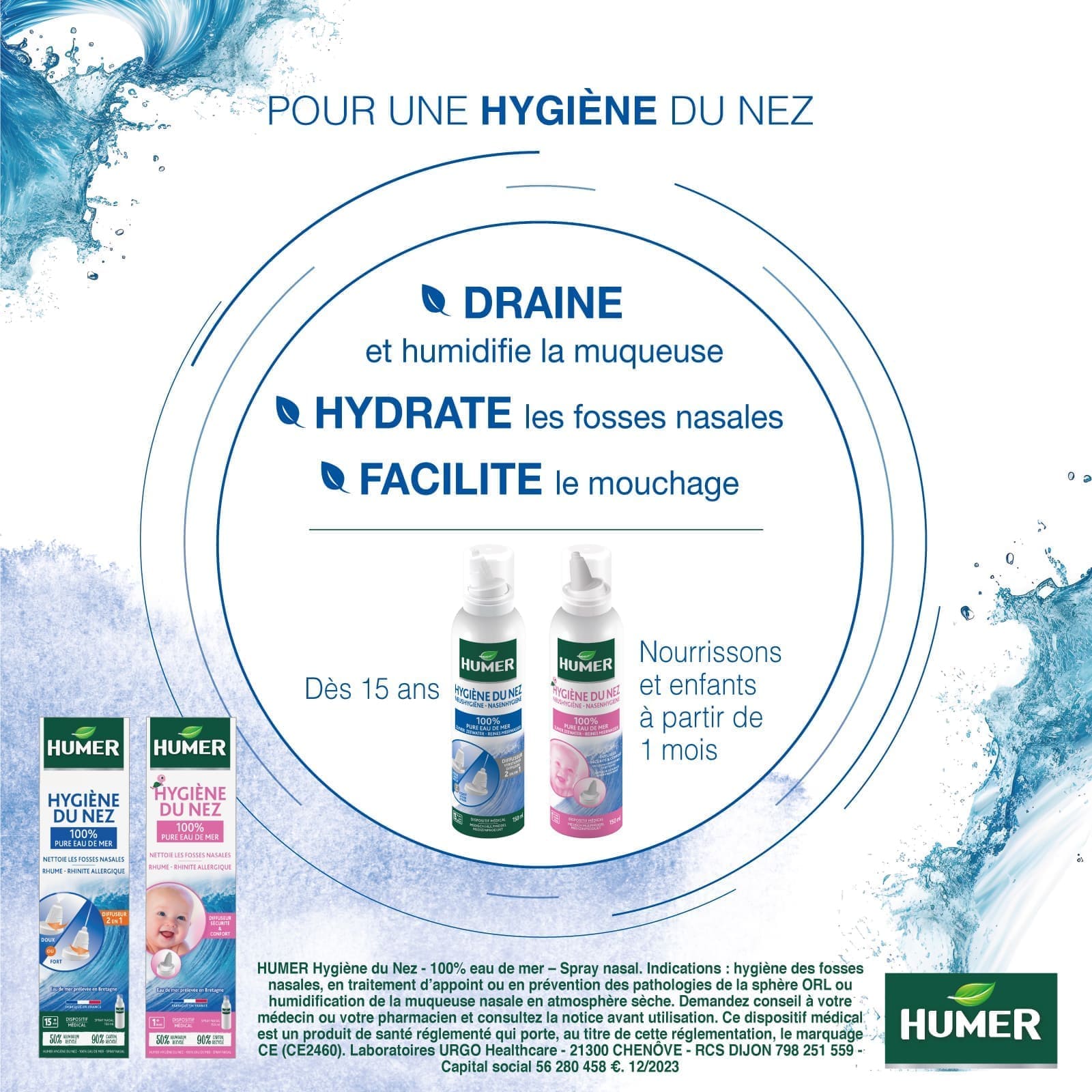 HUMER Spray nasal Hygiène du nez - 100% eau de mer - Adulte - HumerHumer