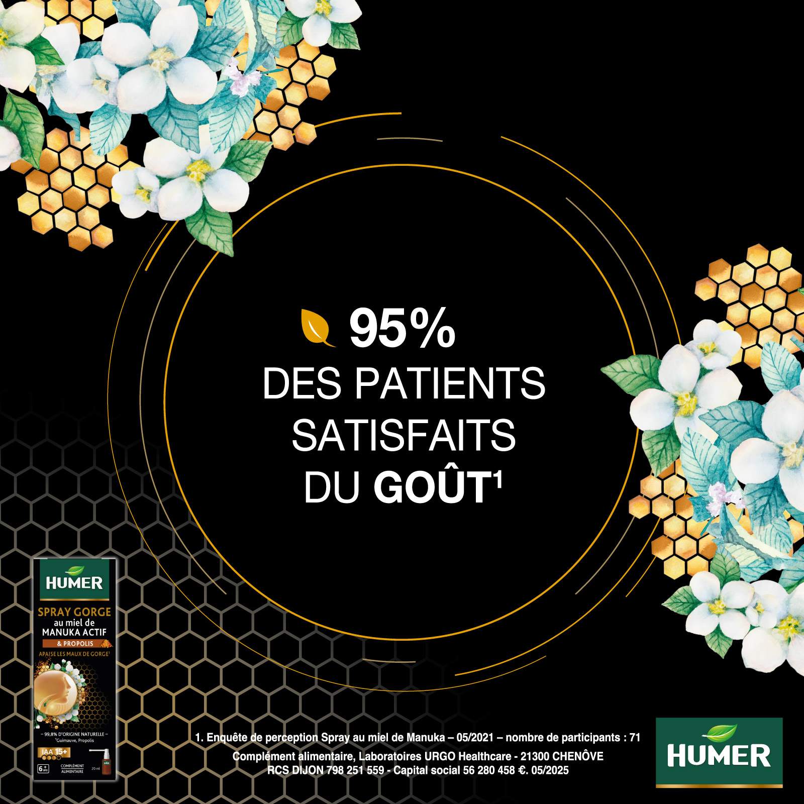 Humer Spray Manuka & Propolis 95% des patients satisfaits du goût
