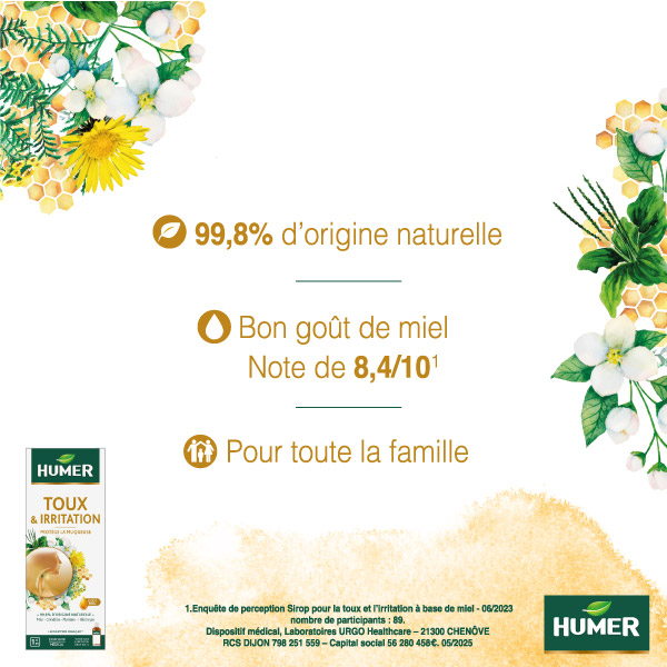 Humer Toux & Irritation 99.8% d'origine naturelle avec un bon goût de miel