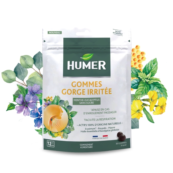Humer Gommes gorge irritée Menthe Eucalyptus Sans Sucre